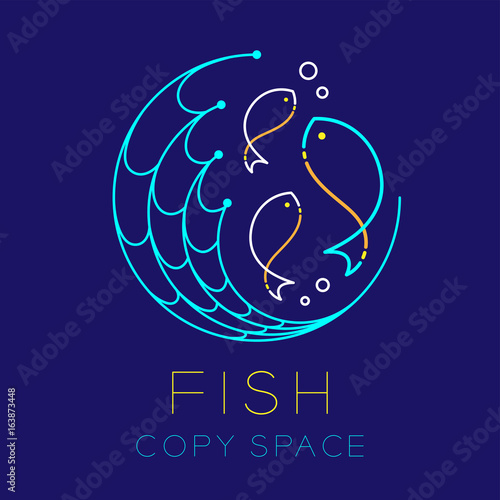 Fish, Fishing net circle shape and Air bubble logo icon outline stroke set dash line design illustration isolated on dark blue background with Fish text and copy space