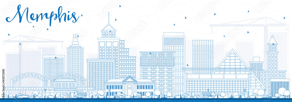 Outline Memphis Skyline with Blue Buildings.