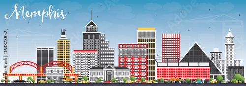 Memphis Skyline with Color Buildings and Blue Sky.