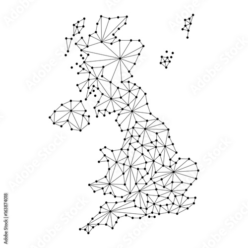 United Kingdom map of polygonal mosaic lines network, rays and dots vector illustration.