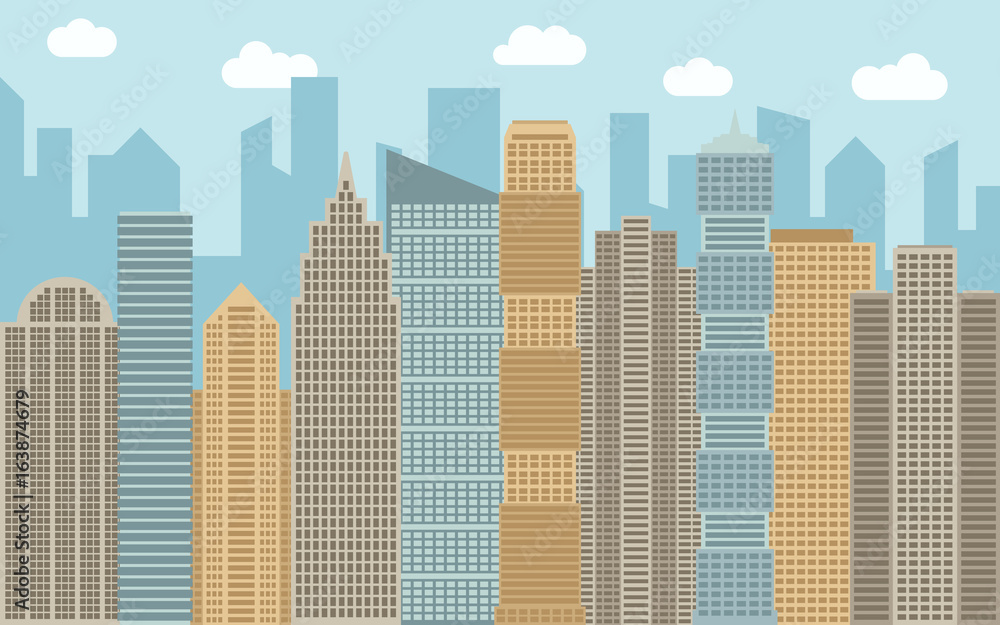 Fototapeta premium Vector urban landscape illustration. Street view with cityscape, skyscrapers and modern buildings at sunny day. City space in flat style background concept. 