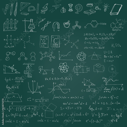 Set of vector chalk hand drawn school symbols, graphics and formulas on green blackboard.