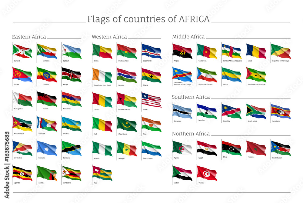 Fototapeta Africa flags big set. Travel agency or classroom geography poster, political map information. Realistic vector illustration on white background