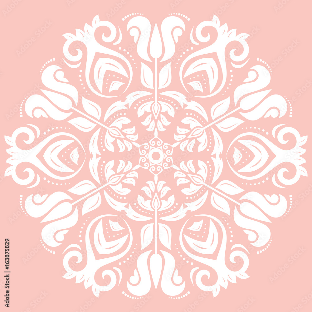 Oriental round white pattern with arabesques and floral elements. Traditional classic ornament. Vintage pattern with arabesques