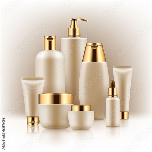 Elegant realistic packages for cosmetic product. Blank templates of containers vial with dropper, bottle for shower gel, lotion, shampoo with pump dispenser, jar, tube for cream. White and golden