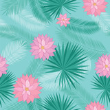 Summer seamless pattern with tropical leaves and pink flowers for textile, wallpapers, gift wrap, covers and scrapbook.  Vector illustration.