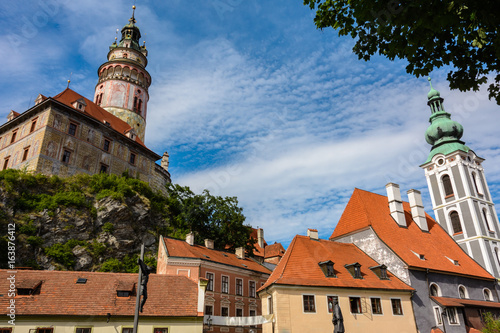 View of the Castle Tower Cesky Krumlov from Lazebnicky Bridge, Czech Republic