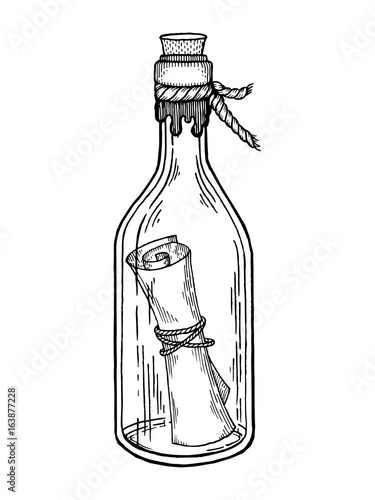Message in bottle engraving vector illustration