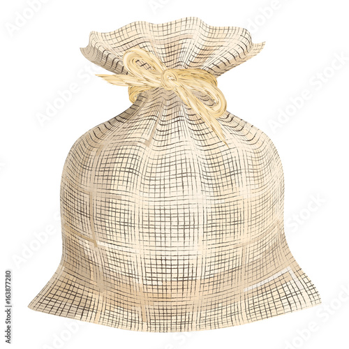 Linen woven fabric sack. Flax texture bag with linen string ribbon binding vector illustration.