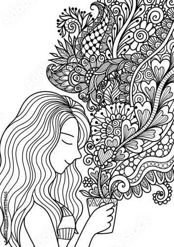 Pretty girl smell the floral coffee smoke for design element and adult or kids coloring book pages. Vector illustration.