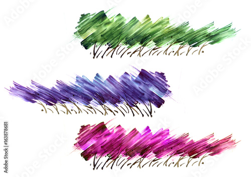 A set of abstract bushes, trees. Watercolor line of Green, purple, pink paint, splash, smear, blot, zigzag. abstraction. Strokes of paint, zigzag, lines, splash.