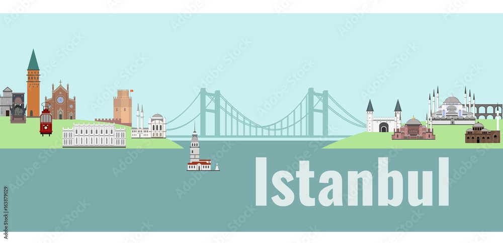Panorama of Istanbul flat style vector illustration. Istanbul architecture. Cartoon Turkey symbols and objects
