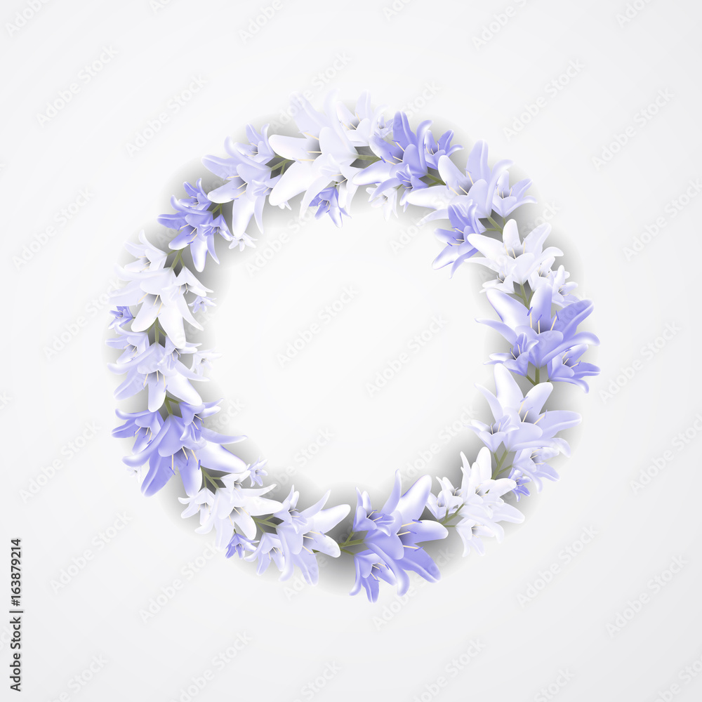 Beautiful blue wreath with lilia. Floral design for wedding, invitation and greeting cards.