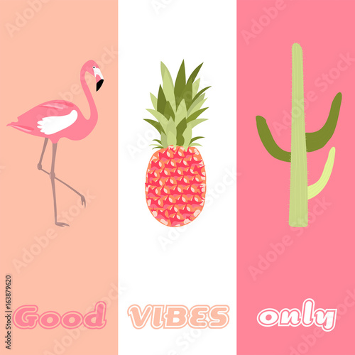 Summertime. Good vibes only with cactus, flamingo and pineapple in watermelon colors.