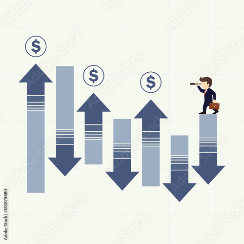 Business man use binnocular forecasting graph. Vector illustration.