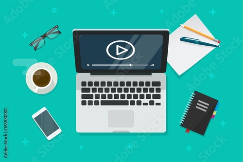 Video online webinar learning workplace on laptop vector illustration, flat cartoon computer screen with online webinar concept top view, idea of tutorial watching, e-learning home office