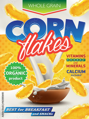 Realistic corn flakes ad illustration with big milk splash. High quality art for advertising flyer, poster or label design