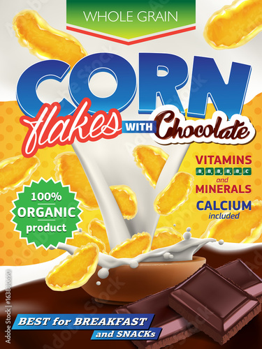 Realistic corn flakes ad illustration with big milk splash and chopped chocolate. High quality art for advertising flyer, poster or label design