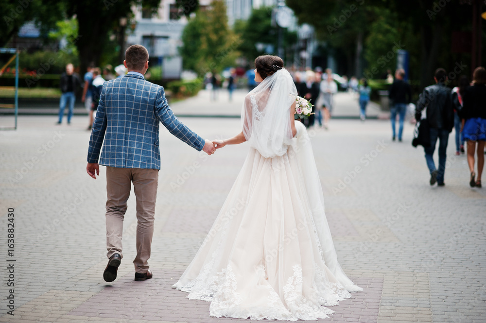 Attractive young wedding couple walking and posing in the park on a sunny day.