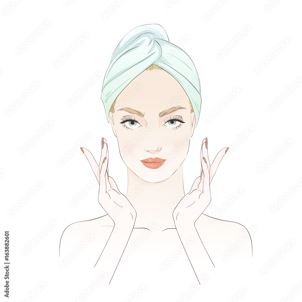 Beautiful girl during beauty ritual, apply cream. Vector hand drawn illustration. Beautiful girl during beauty ritual, apply cream. Vector hand drawn illustration.
