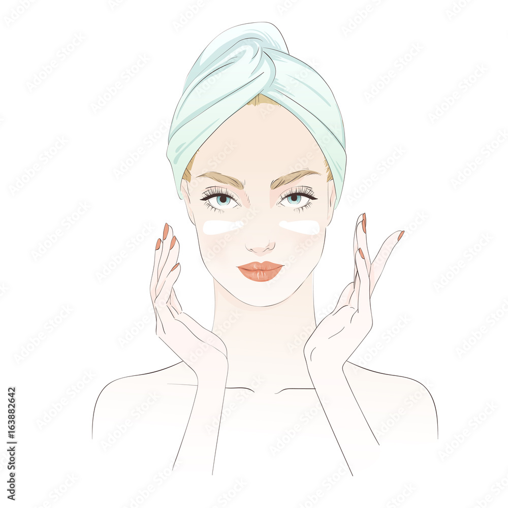 Beautiful girl during beauty ritual, apply cream. Vector hand drawn illustration. Beautiful girl during beauty ritual, apply cream. Vector hand drawn illustration.