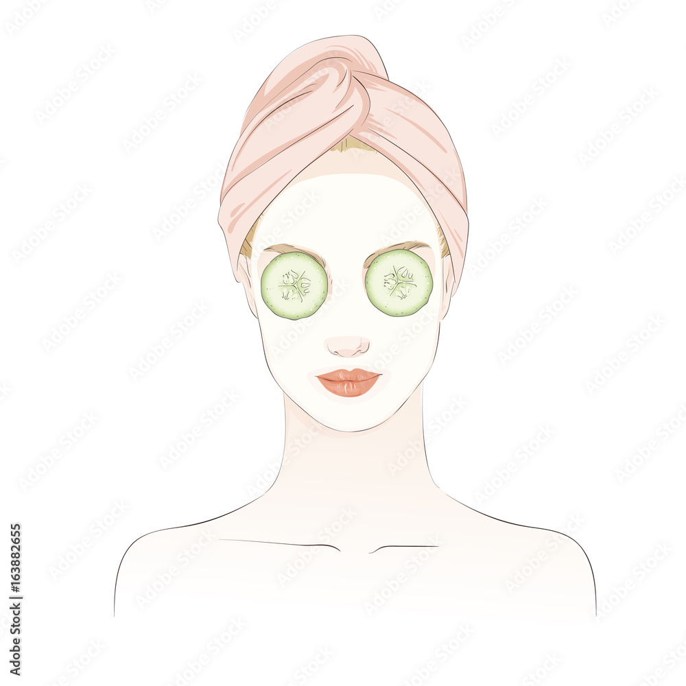 Beautiful girl during beauty ritual, in spa mask with cucumber on eyes. Vector hand drawn illustration.