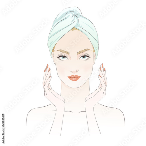 Beautiful girl during beauty ritual, apply cream. Vector hand drawn illustration.