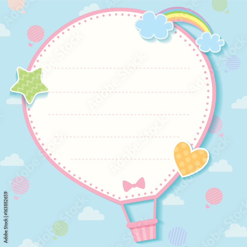 Hot air balloon memo template decorated with star, heart, rainbow and cloud on blue background pattern.