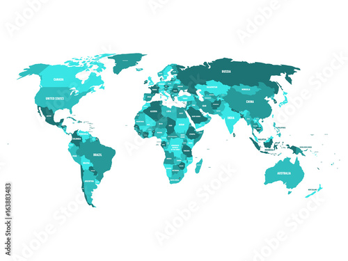 Political map of World in shades of turquoise blue with white country name labels. Isolated on white background. Vector illustration.