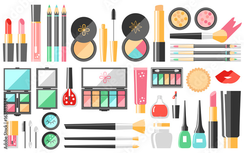 Vector flat cosmetics set. Beauty fashion products. Decorative c