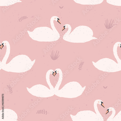 Seamless pattern with white swans. Swan's couples on pink background. Colorful vector illustration.