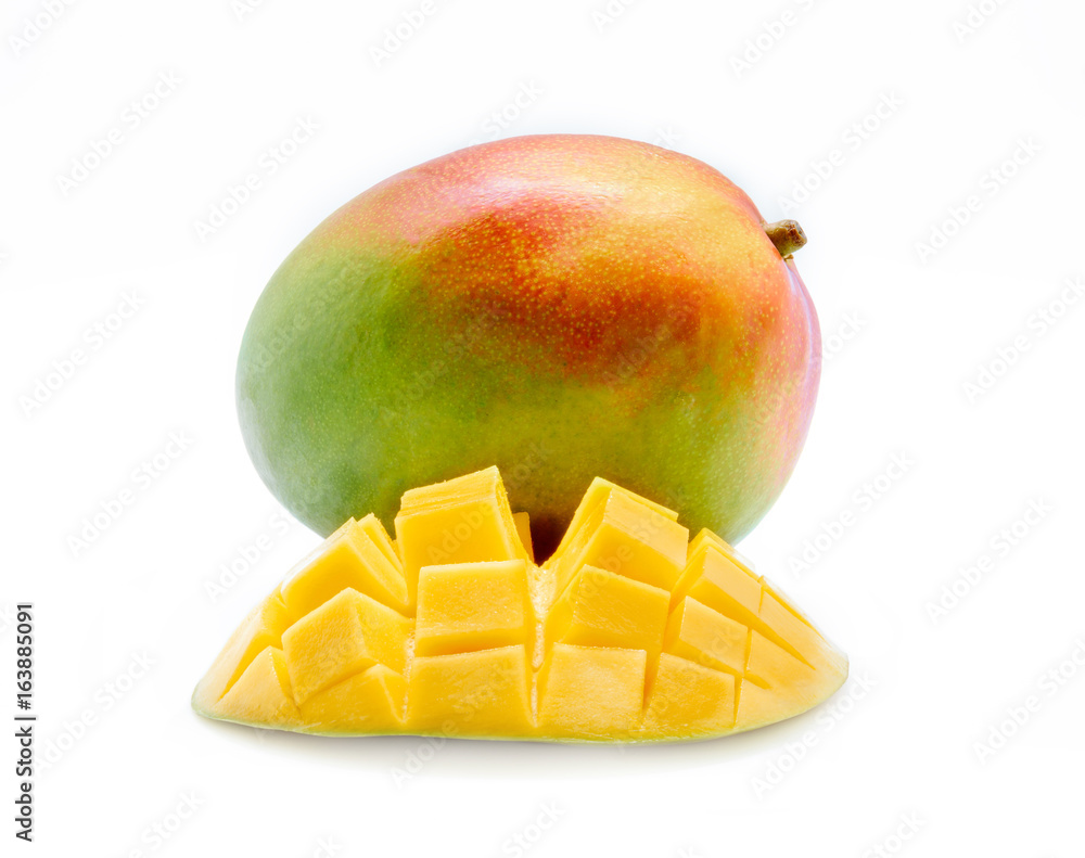 Mango fruit and mango cubes isolated on white background. Mango fruit and mango cubes isolated on white background.