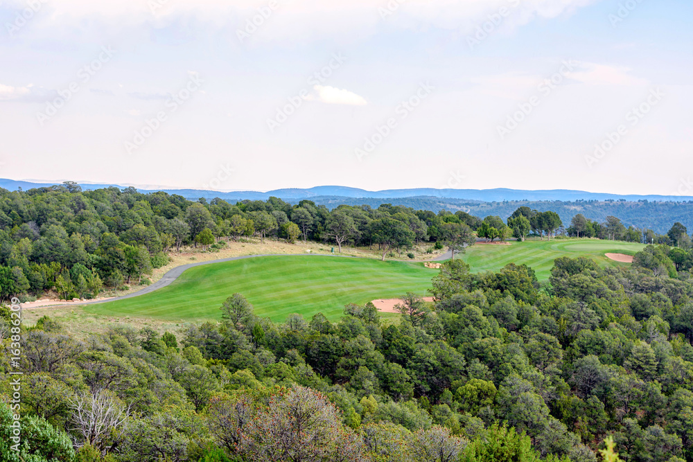 Fototapeta premium Daylight aerial view to golf club in Ruidoso, New Mexico, United states of America.