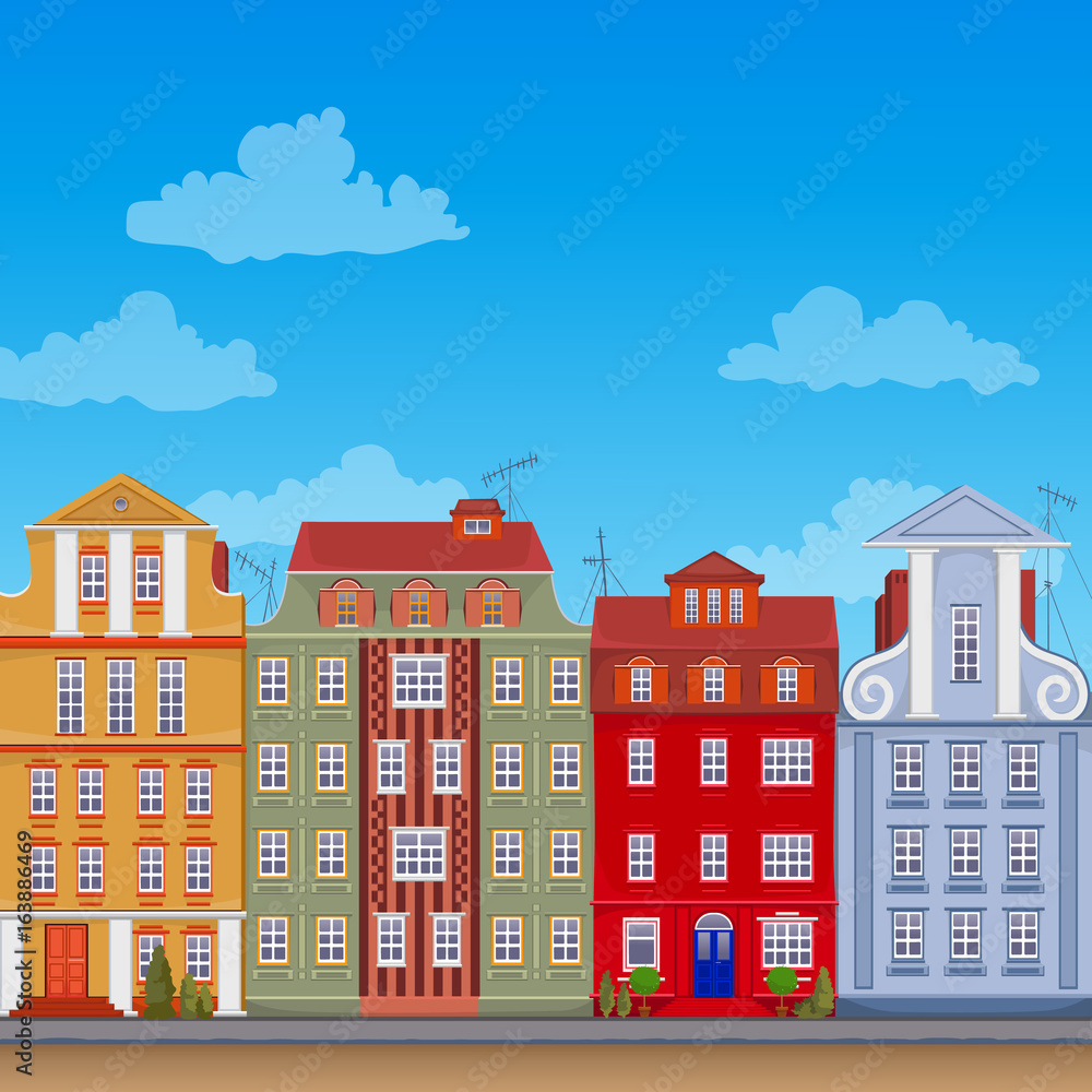 Vector flat  colorful european apartments. Old historic houses. 