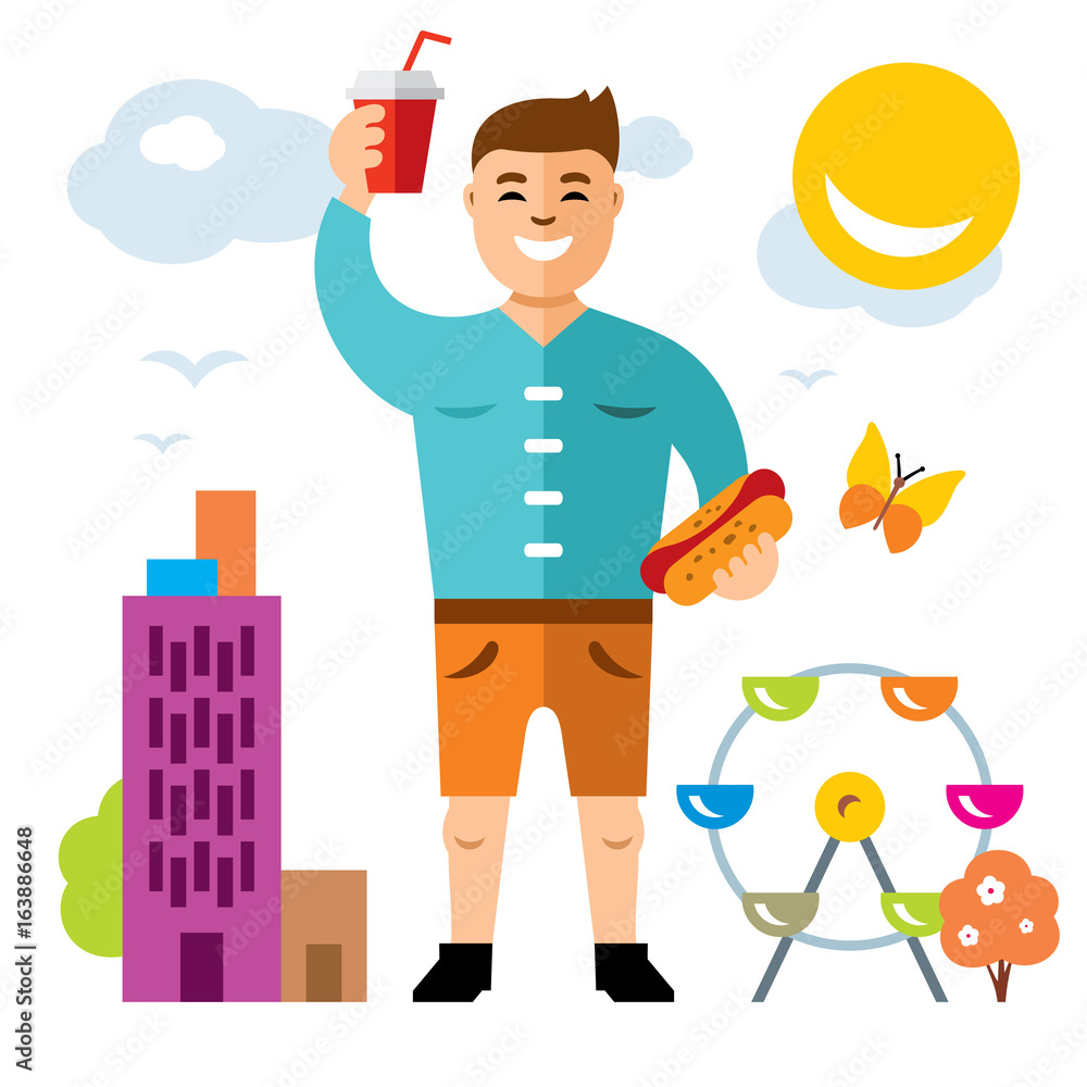Vector Happy hipster man with hot dog and drink. Flat style colorful Cartoon illustration. Vector Happy hipster man with hot dog and drink. Flat style colorful Cartoon illustration.