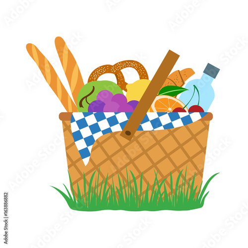 Picnic set: food and water in a basket, vector illustration