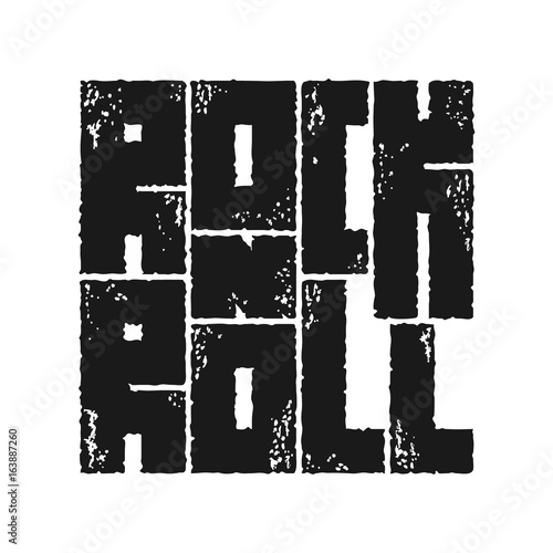 Rock n Roll lettering with grunge effect. T-shirt fashion Design. Template for banner, sticker, concert flyer, music label, sound emblem, poster.