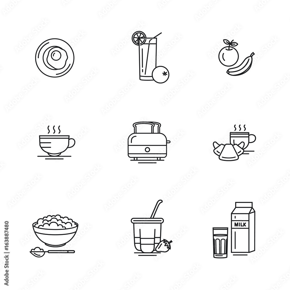 Breakfast - set of vector icons in linear style related to morning meal. Breakfast - set of vector icons in linear style related to morning meal.