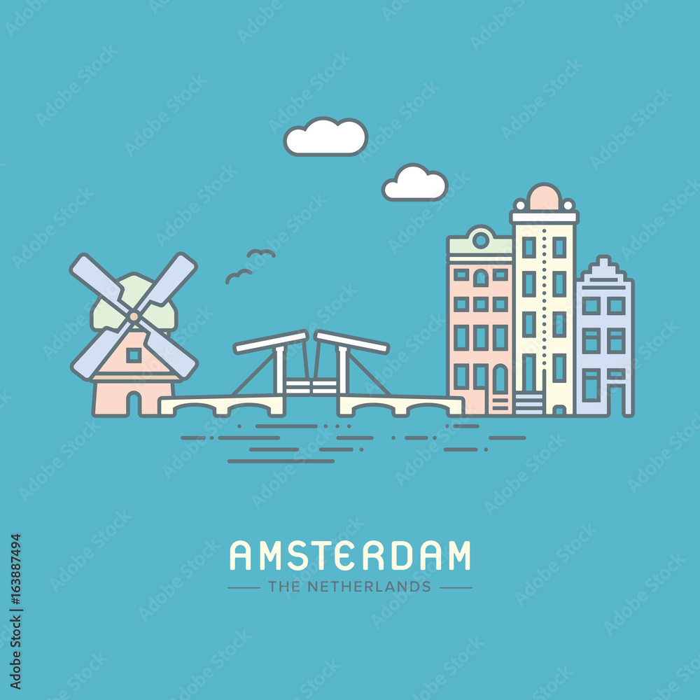 Amsterdam city landmarks flat vector illustration