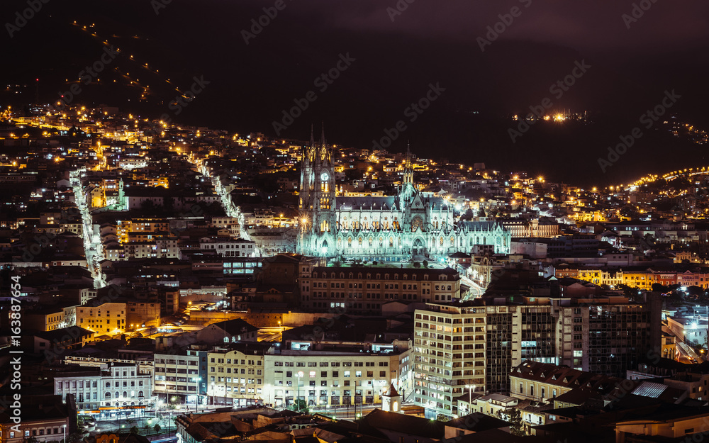Night time view of the magnificent basilica of Quito, Ecuador