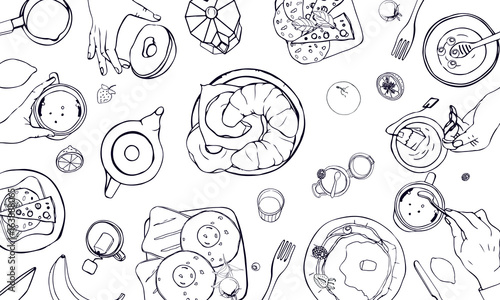Horizontal illustration on breakfast theme. Black and white vector hand drawn table with drink, pancakes, sandwiches, eggs, croissants and fruits. Top view.