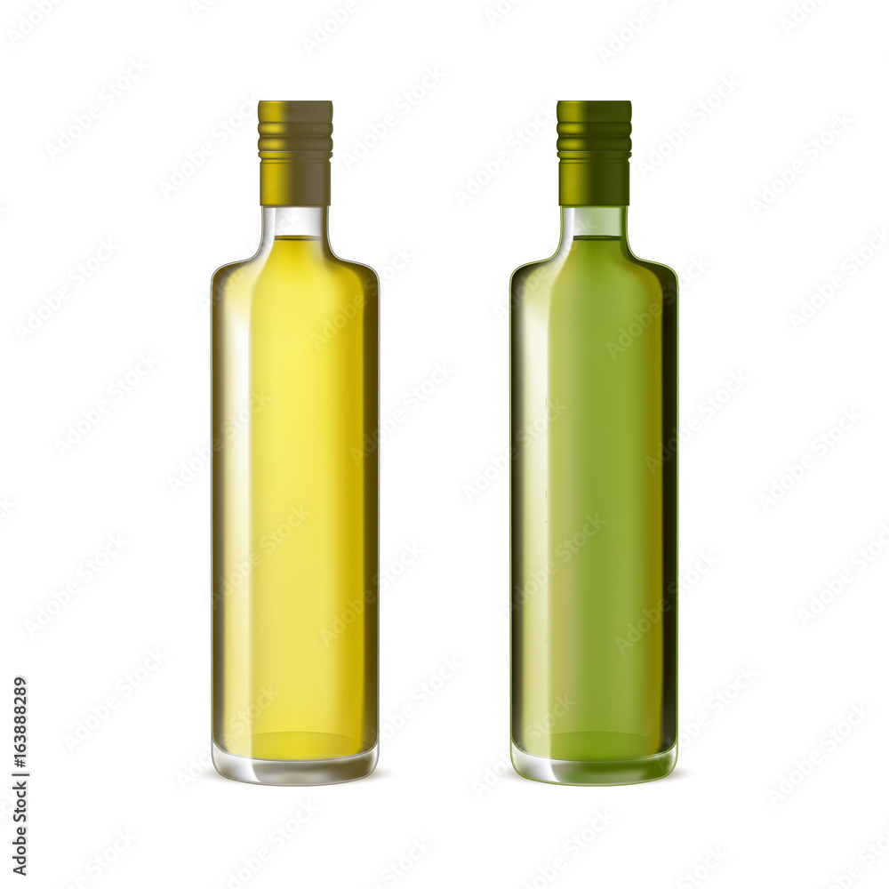 Realistic Detailed Olive Oil Glass Bottle Set. Vector