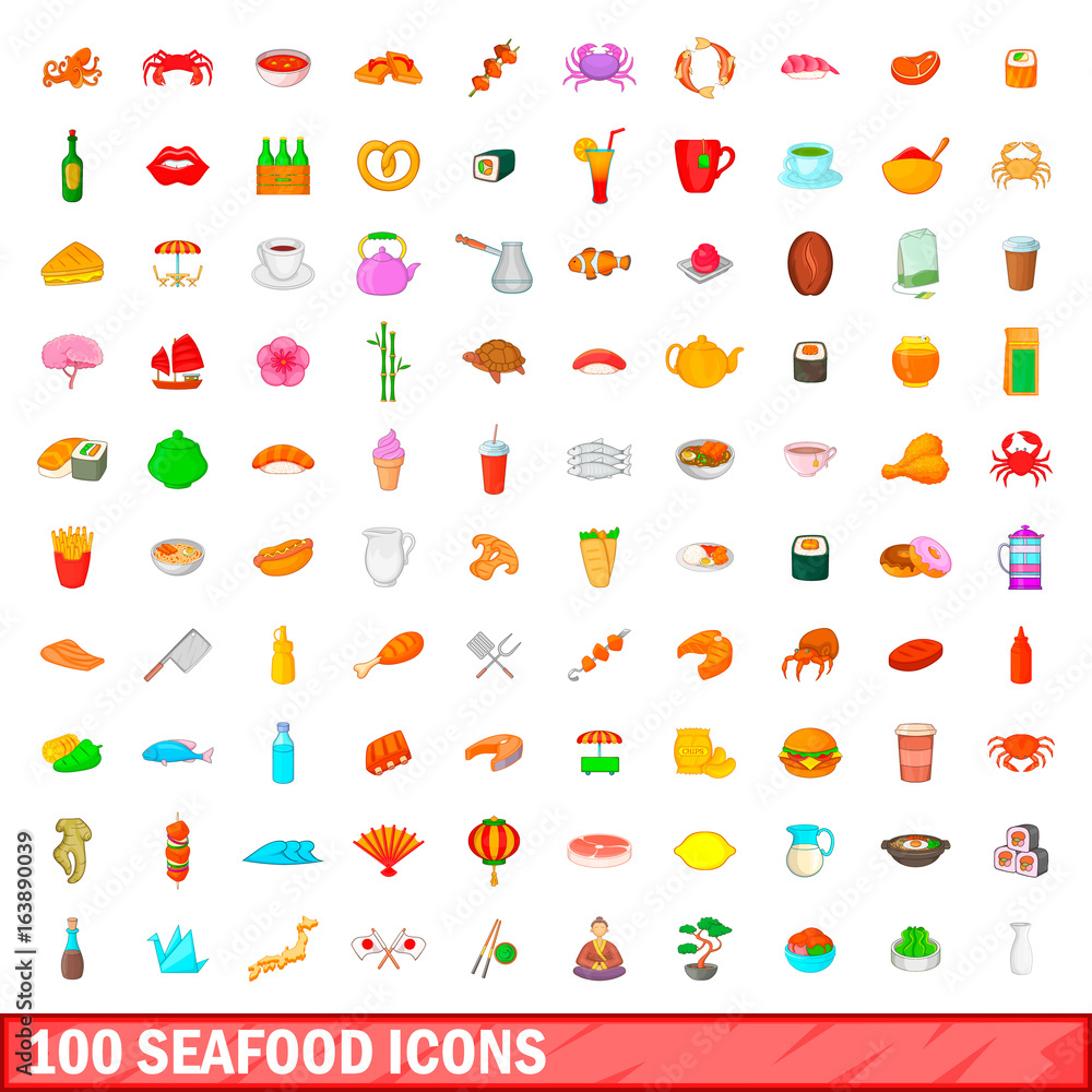 100 seafood icons set, cartoon style 100 seafood icons set, cartoon style