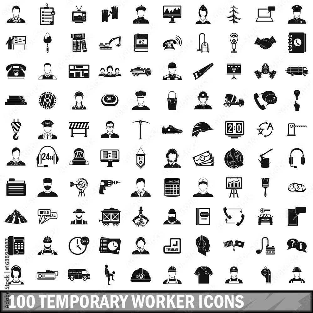 100 temporary worker icons set, simple style 