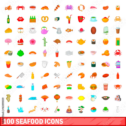 100 seafood icons set, cartoon style