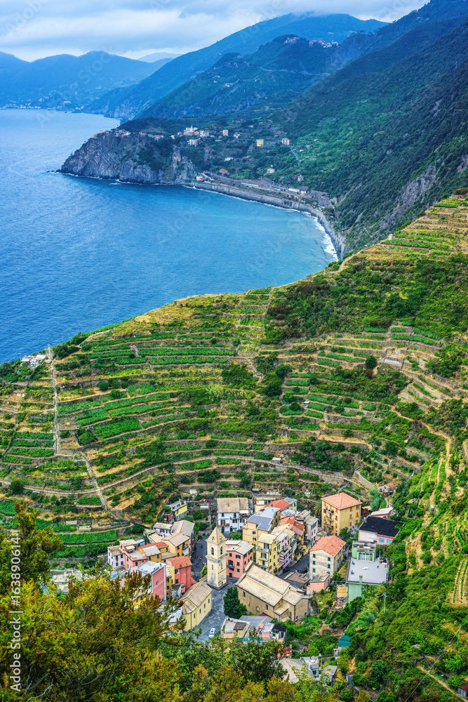Manarola town in Cinque terre view from above. under UNESCO World Heritage. Beautiful mountain and sea background. Pearl in the mountains
