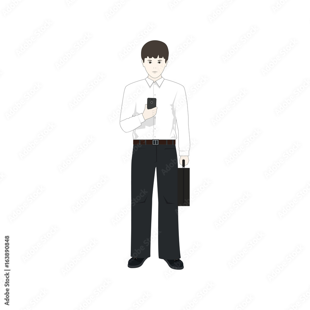 European Man with a Phone and a Briefcase Isolated on White Background, Businessman in a White Shirt and Dark Blue Pants , Vector Illustration European Man with a Phone and a Briefcase Isolated on White Background, Businessman in a White Shirt and Dark Blue Pants , Vector Illustration