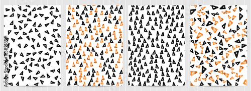 A4 size cards, doodle, ink, Hand drawn triangles, black and white and golden vector illustrations. Business templates for restaurant menu, flyer, greeting card, brochure, cover, invitation, letter.