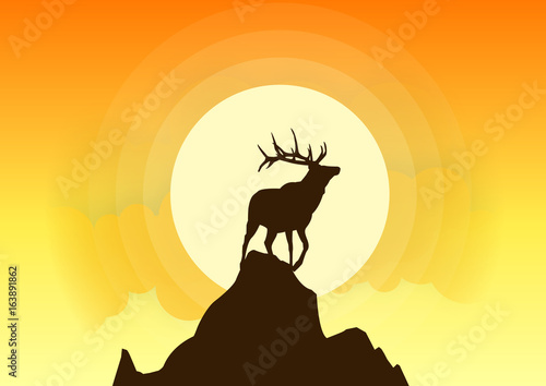 Deer Silhouette Vector Sunset. Beautiful sunset background with deer silhouettes. All in a single layer. Vector illustration.