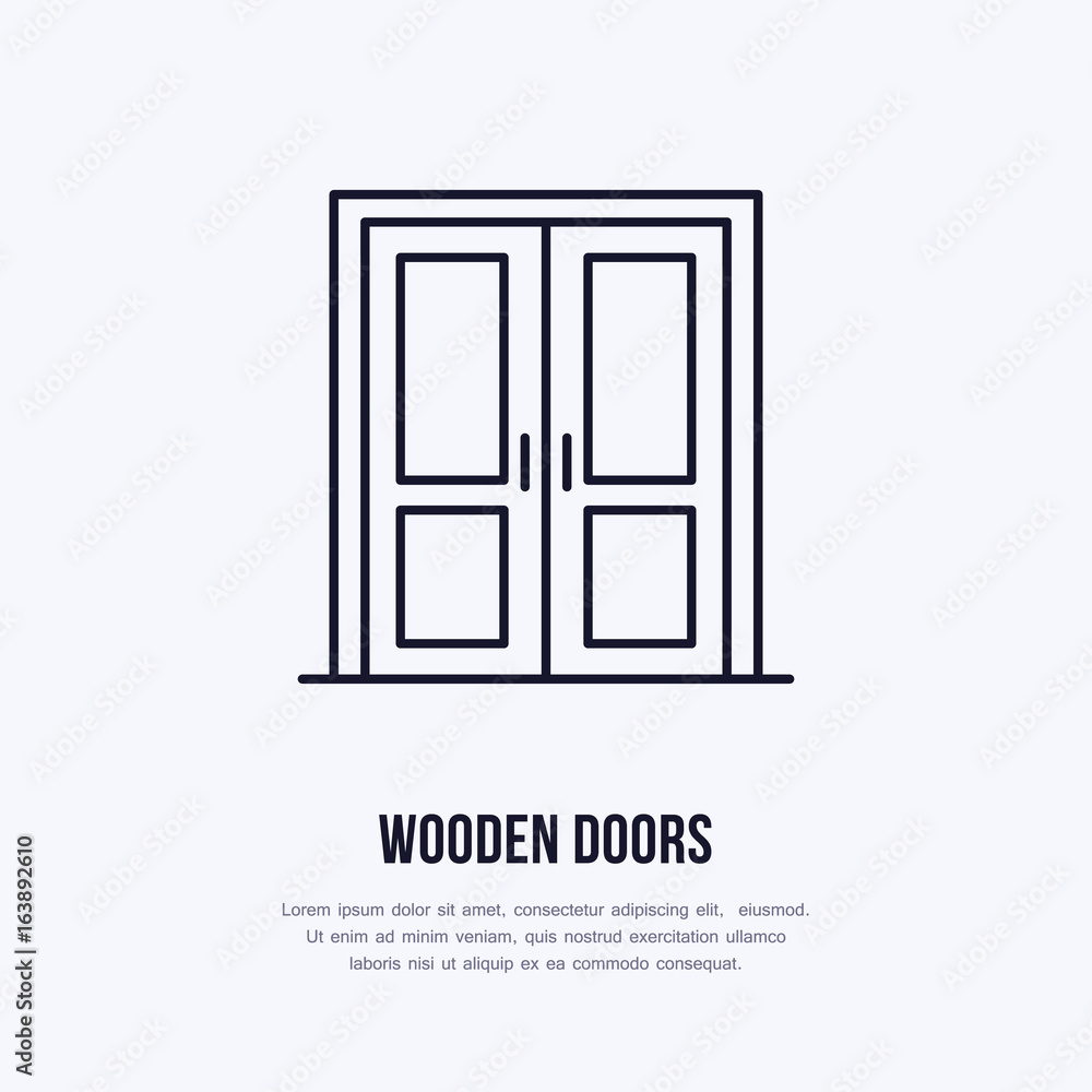 Wooden doors installation logo, repair flat line icon. Interior design thin linear sign for house decor shop, handyman service.